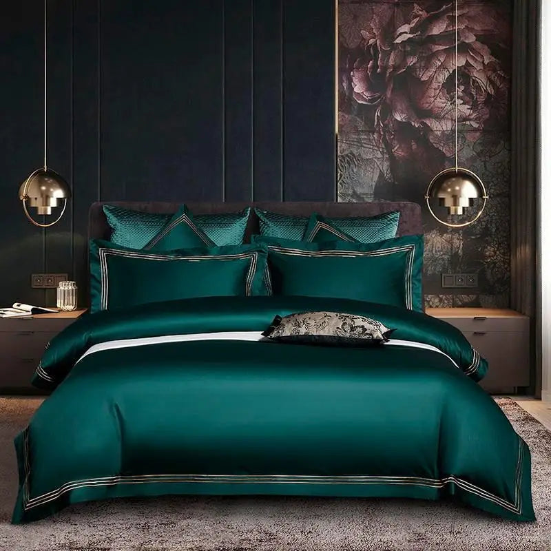 Embroidered Deep Green-Blue Egyptian Cotton Bedding Set