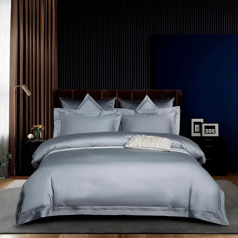 Embroidered Deep Green-Blue Egyptian Cotton Bedding Set