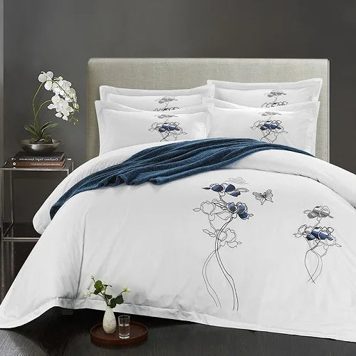 100% Cotton White Embroidered Bedding Set – 4 or 6 Pieces, Hotel-Style Luxury (Double, Queen, King)