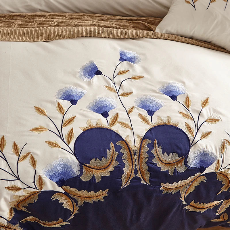 Chic Embroidered White & Blue Luxury Bedding Set