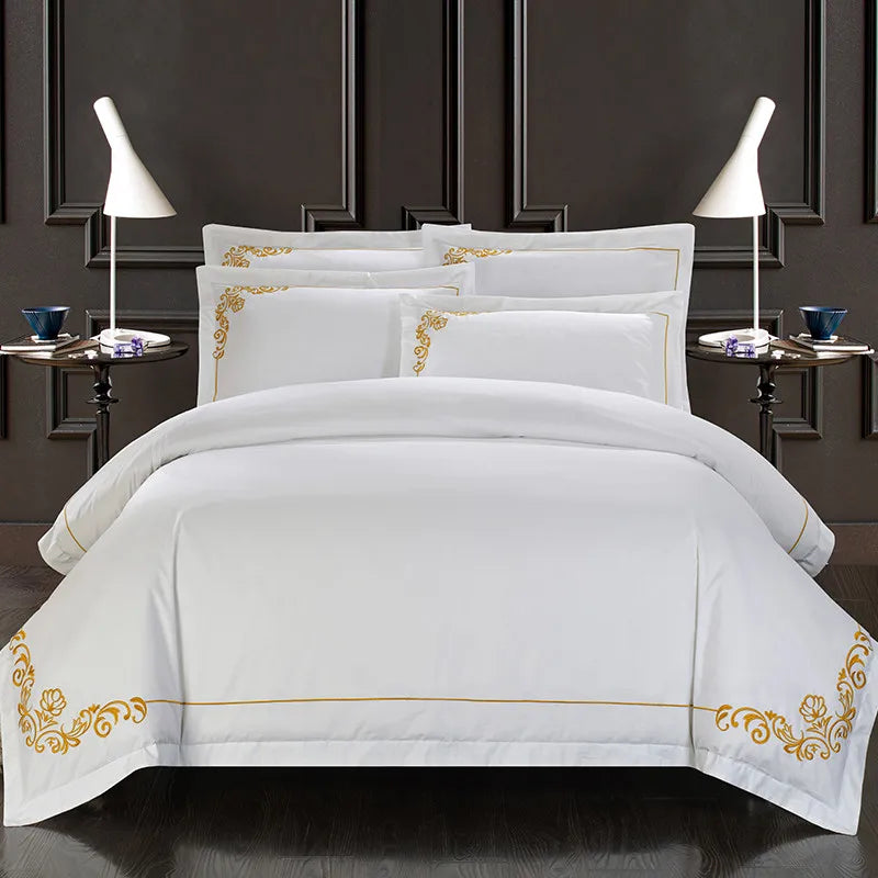 100% Cotton White Embroidered Bedding Set – 4 or 6 Pieces, Hotel-Style Luxury (Double, Queen, King)