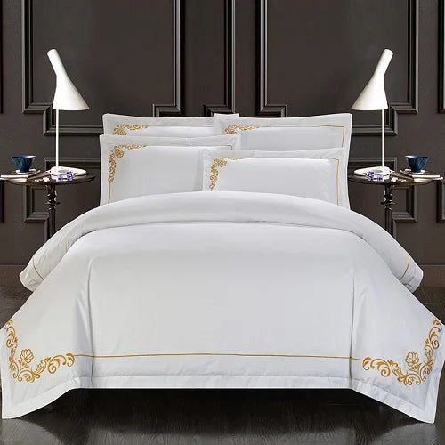 100% Cotton White Embroidered Bedding Set – 4 or 6 Pieces, Hotel-Style Luxury (Double, Queen, King)