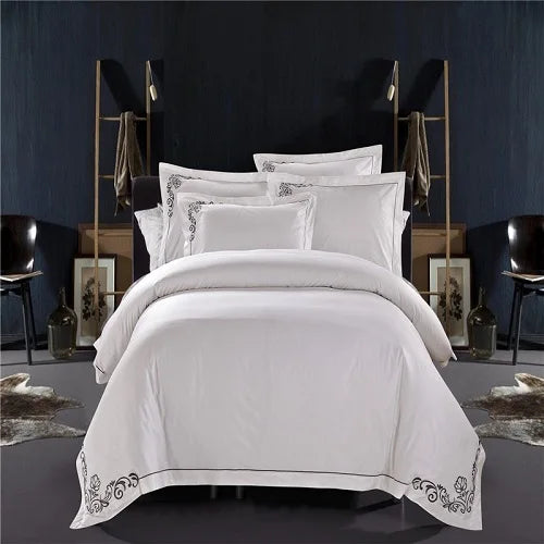 100% Cotton White Embroidered Bedding Set – 4 or 6 Pieces, Hotel-Style Luxury (Double, Queen, King)