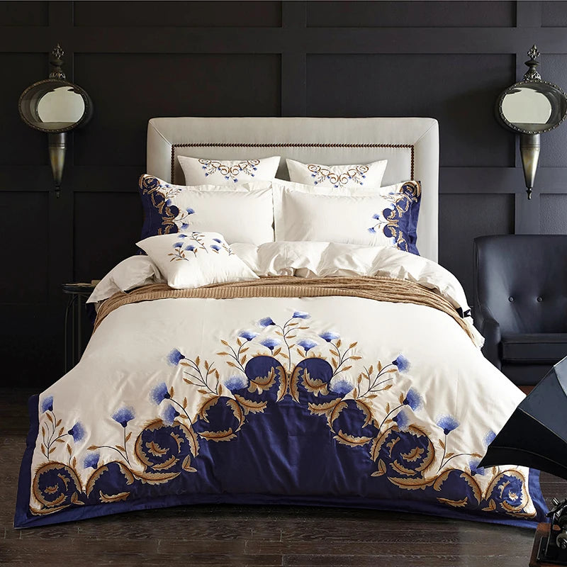 Chic Embroidered White & Blue Luxury Bedding Set