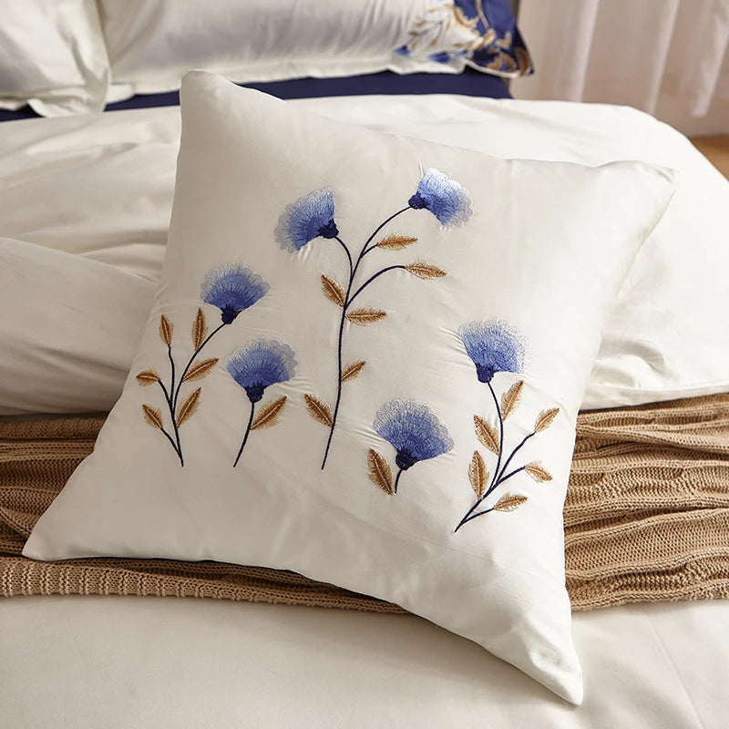 Chic Embroidered White & Blue Luxury Bedding Set