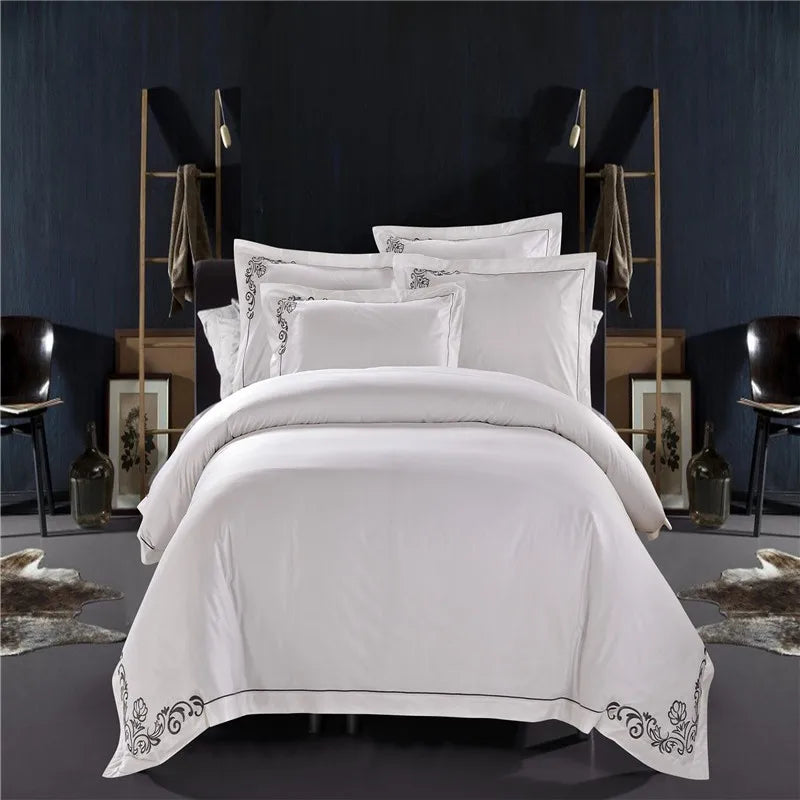 100% Cotton White Embroidered Bedding Set – 4 or 6 Pieces, Hotel-Style Luxury (Double, Queen, King)
