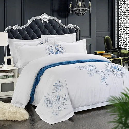 100% Cotton White Embroidered Bedding Set – 4 or 6 Pieces, Hotel-Style Luxury (Double, Queen, King)