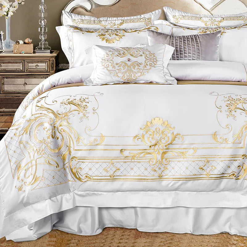 White Egyptian Cotton Bedding Set with Golden Embroidery