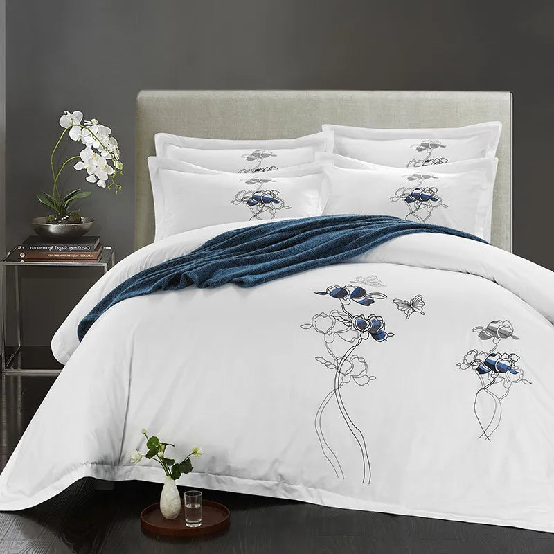 100% Cotton White Embroidered Bedding Set – 4 or 6 Pieces, Hotel-Style Luxury (Double, Queen, King)