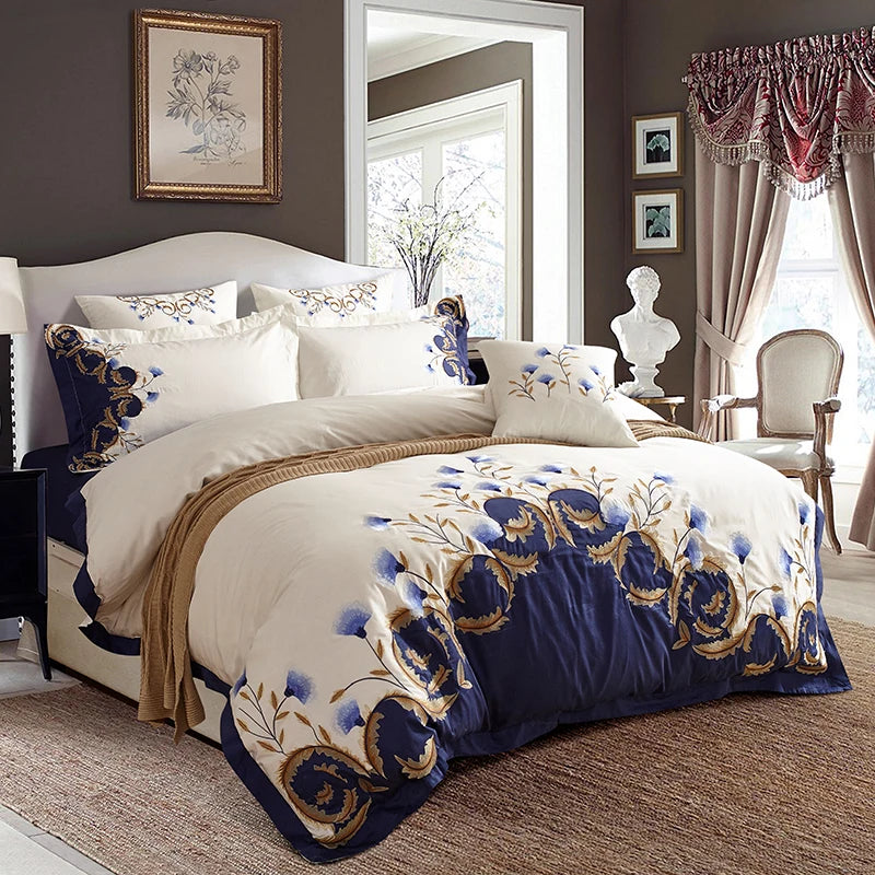 Chic Embroidered White & Blue Luxury Bedding Set