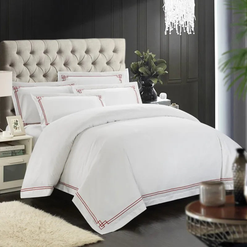 100% Cotton White Embroidered Bedding Set – 4 or 6 Pieces, Hotel-Style Luxury (Double, Queen, King)
