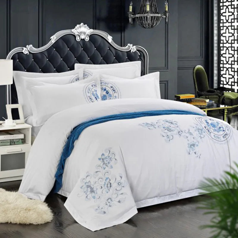 100% Cotton White Embroidered Bedding Set – 4 or 6 Pieces, Hotel-Style Luxury (Double, Queen, King)
