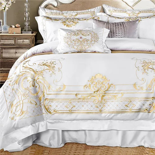 White Egyptian Cotton Bedding Set with Golden Embroidery