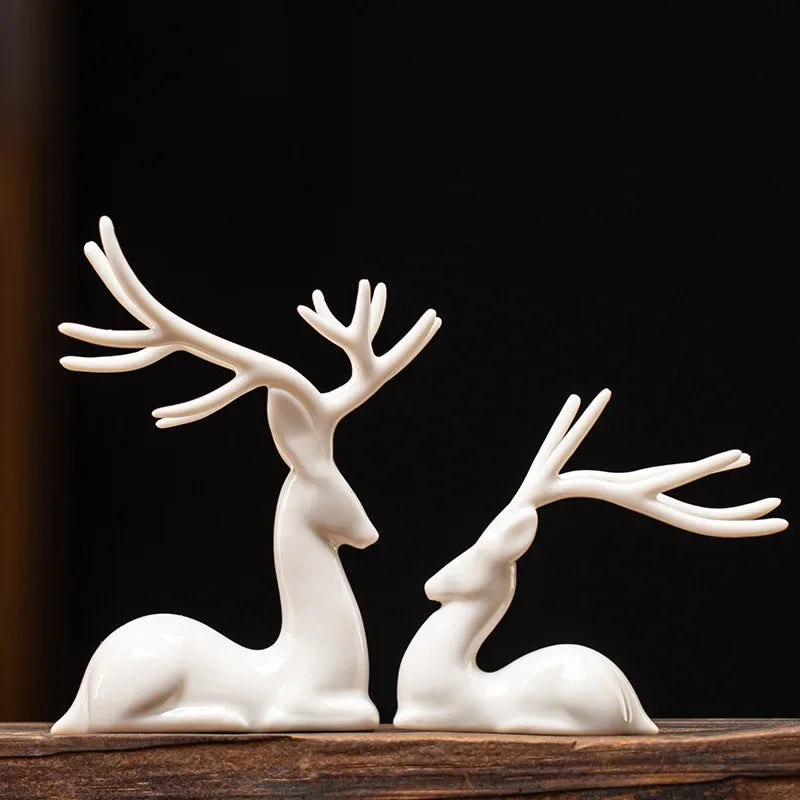 Zhaocai White Ceramic Deer (Pair) – Wealth-Bringing Home Decoration