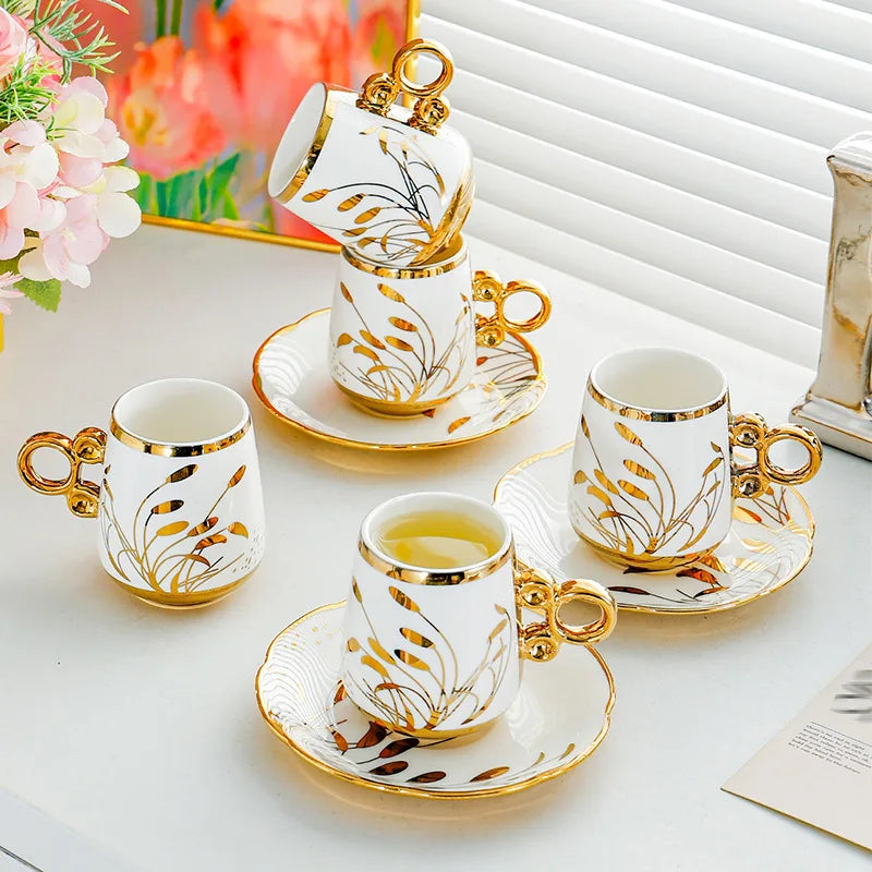 European-Style Ceramic Coffee Cup & Saucer Set – Phnom Penh Gold-Rimmed Afternoon Tea Cups | Middle Eastern Turkish Coffee Vibe