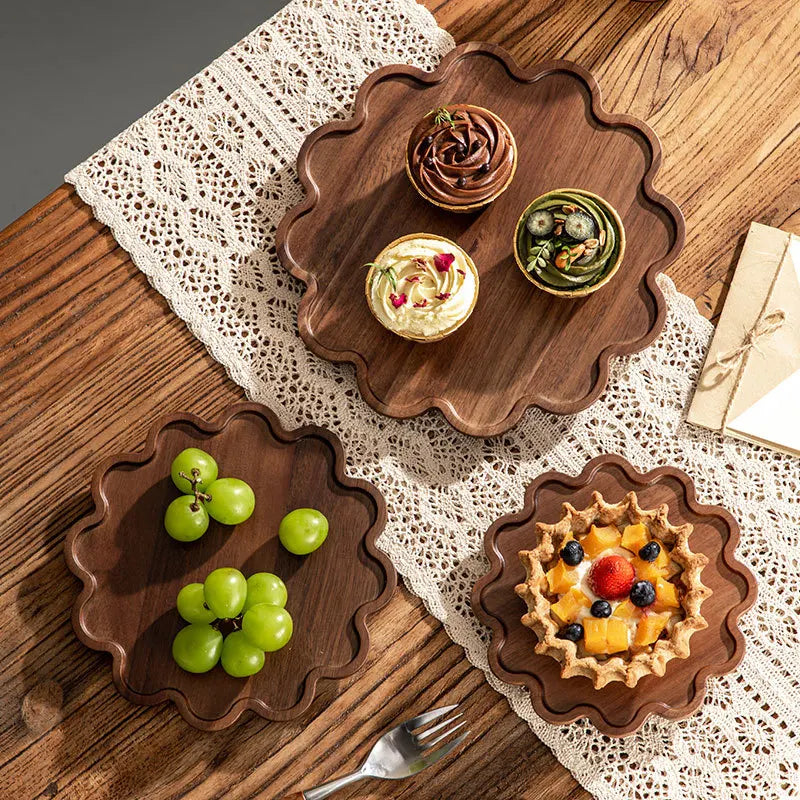 🌿Japanese Solid Wood Dessert Tray – Elegant Lace Design for Coffee, Cake & Fruit