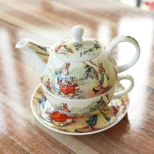 European Afternoon Tea Set – Bone China Teapot, Cup & Saucer with Cute Cartoon Design