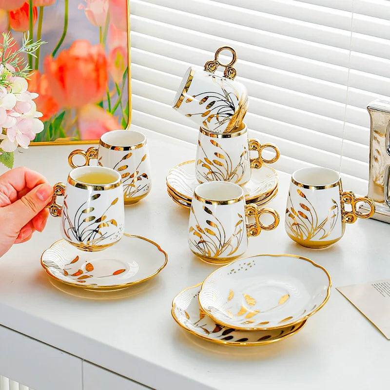 European-Style Ceramic Coffee Cup & Saucer Set – Phnom Penh Gold-Rimmed Afternoon Tea Cups | Middle Eastern Turkish Coffee Vibe