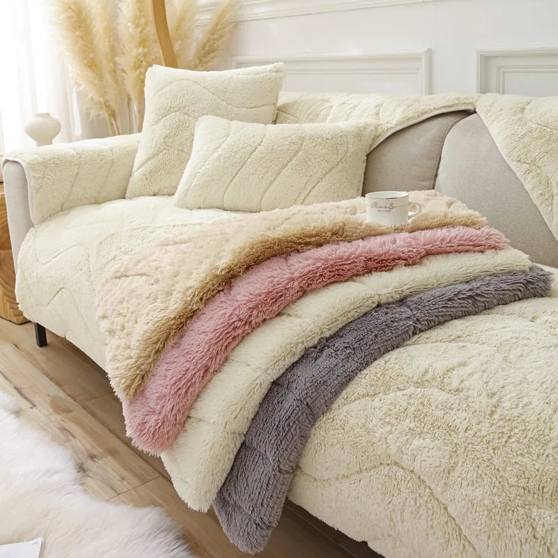 Soft Short Plush Sofa Cover – Non-Slip Winter Sofa Towel & Dustproof Blanket for Living Room