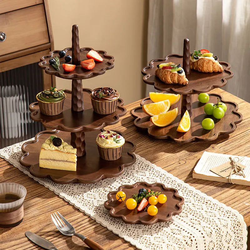 🌿Japanese Solid Wood Dessert Tray – Elegant Lace Design for Coffee, Cake & Fruit