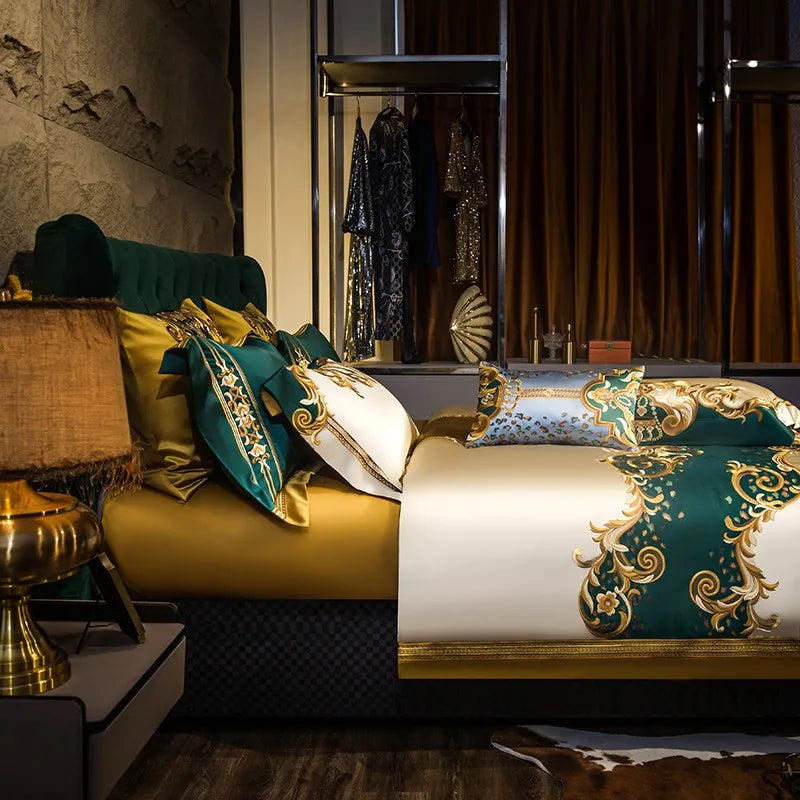 Gold & Green Satin Embroidery Patchwork Bedding Set