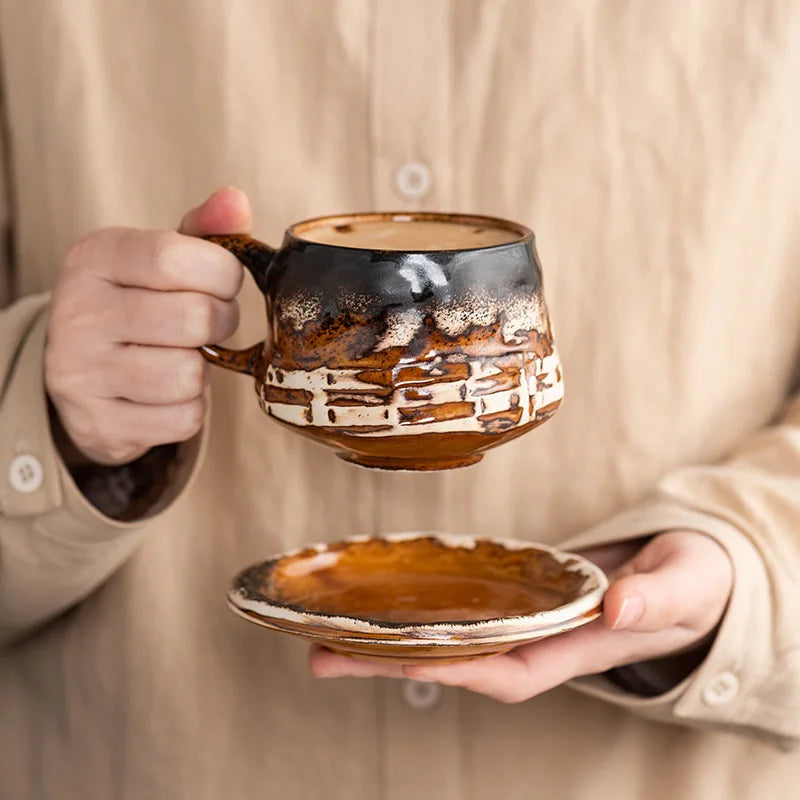 Vintage Ceramic Coffee Cup & Saucer Set – Elegant Afternoon Tea Mug for Cappuccino & Latte