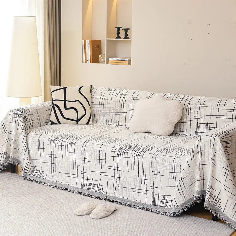 Line Pattern Sofa Towel – Washable Three-Seater Sofa Cover for Living Room | Universal Four-Season Home Decor