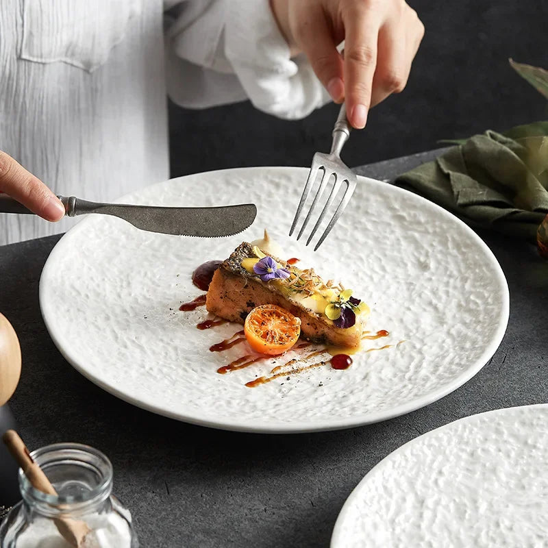 🍽️ French Elegance Meets Japanese Minimalism – White Ceramic Steak Dish