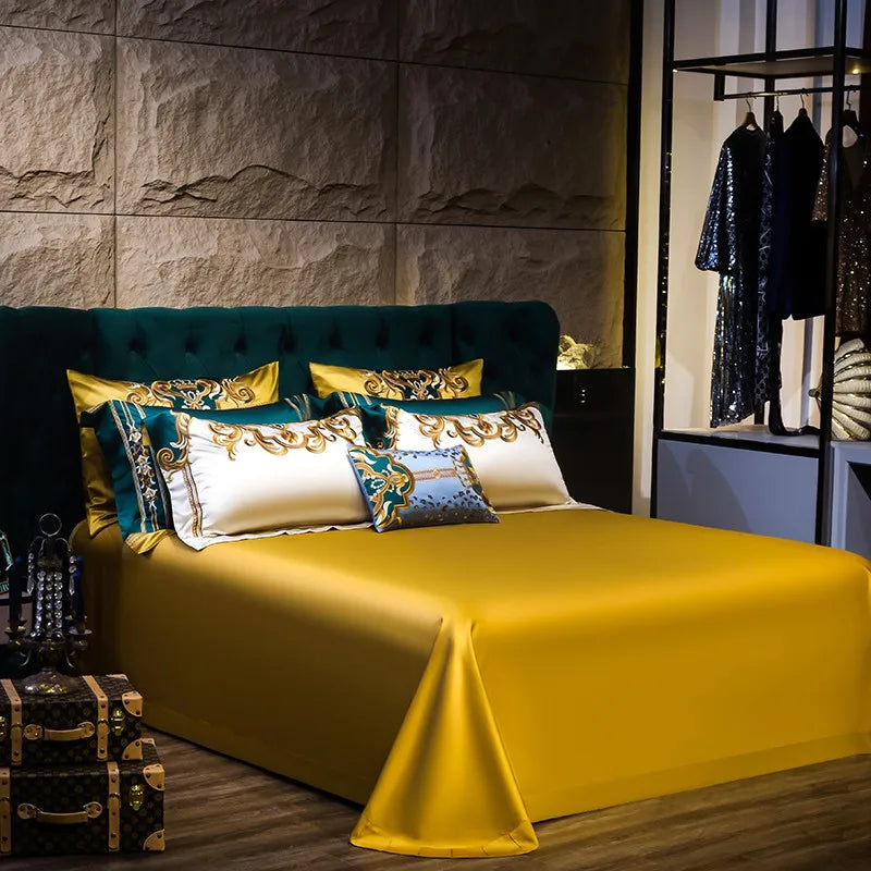 Gold & Green Satin Embroidery Patchwork Bedding Set