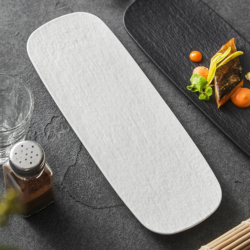 🖤⚪ Modern Frosted Ceramic Long Plate – Black & White Elegance for Every Bite