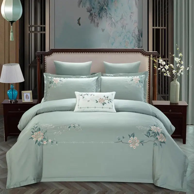 Chinoiserie Bamboo Flowers Embroidered Duvet Cover Set – 600TC Egyptian Cotton