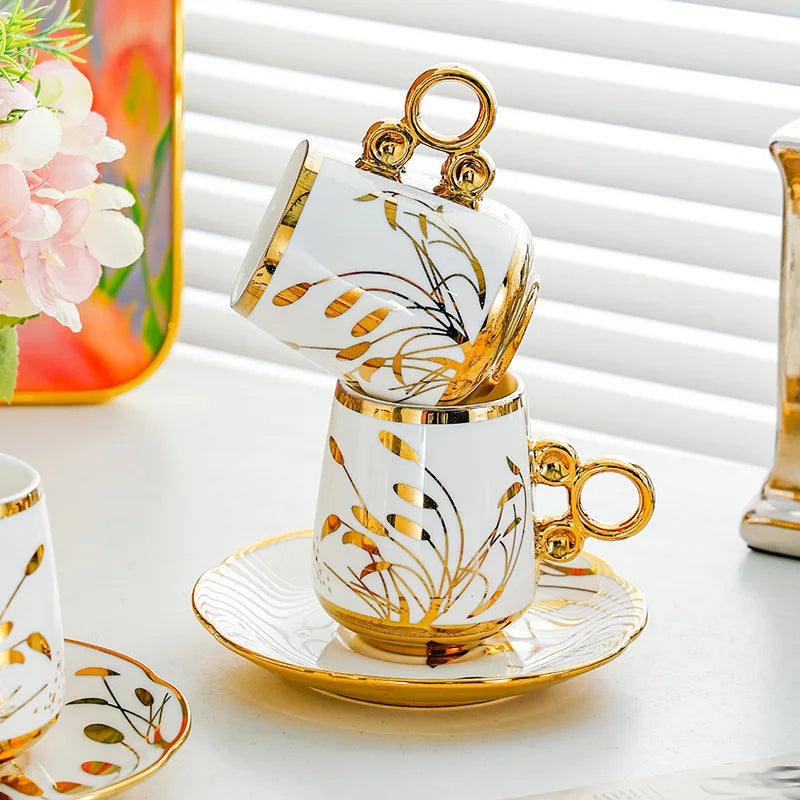 European-Style Ceramic Coffee Cup & Saucer Set – Phnom Penh Gold-Rimmed Afternoon Tea Cups | Middle Eastern Turkish Coffee Vibe
