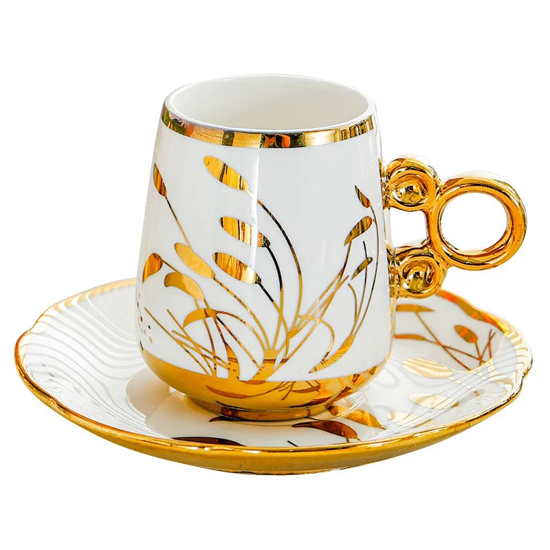 European-Style Ceramic Coffee Cup & Saucer Set – Phnom Penh Gold-Rimmed Afternoon Tea Cups | Middle Eastern Turkish Coffee Vibe