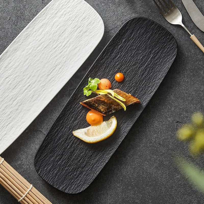 🖤⚪ Modern Frosted Ceramic Long Plate – Black & White Elegance for Every Bite