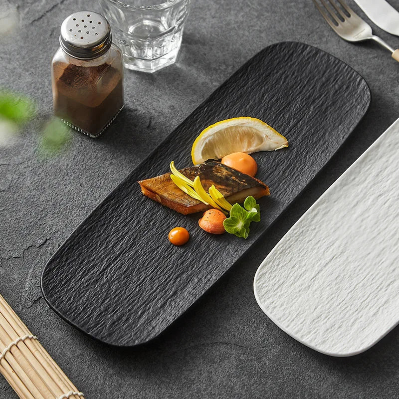 🖤⚪ Modern Frosted Ceramic Long Plate – Black & White Elegance for Every Bite