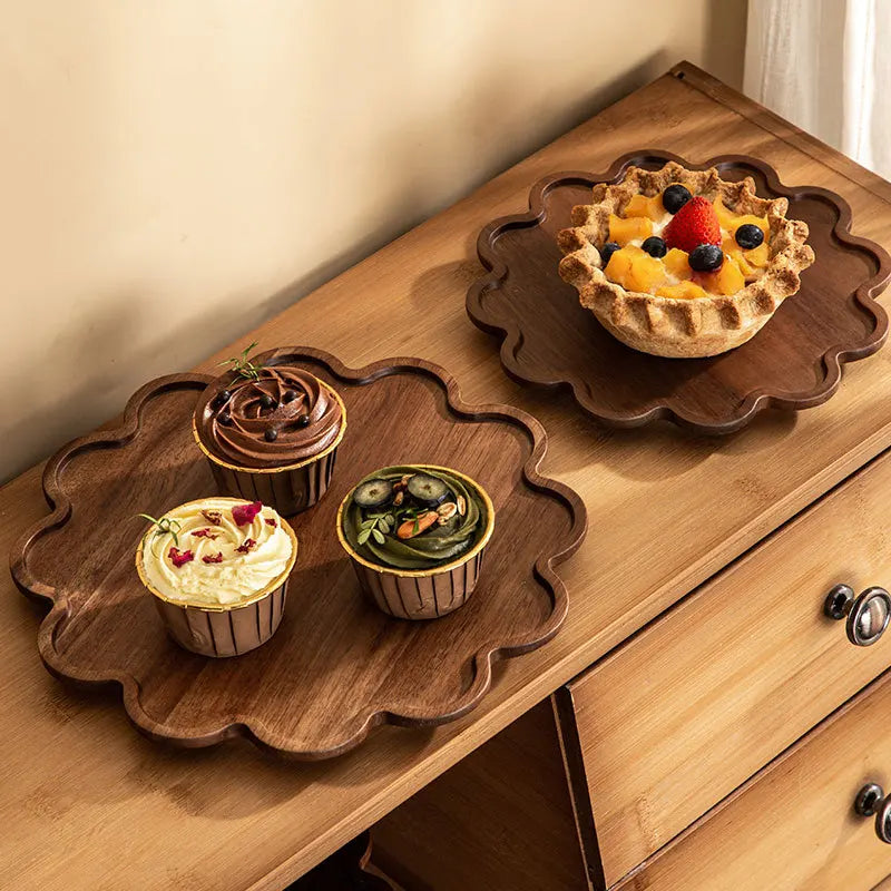 🌿Japanese Solid Wood Dessert Tray – Elegant Lace Design for Coffee, Cake & Fruit