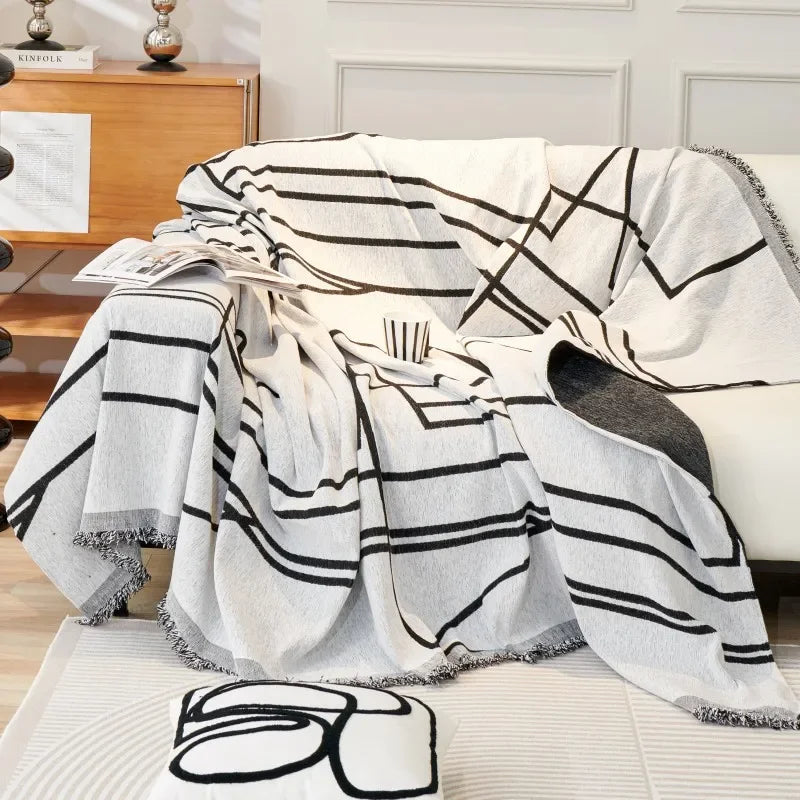 Black Lines Chenille Sofa Cover – Full Universal Couch Towel, Dust Proof Sofa Cushion Cover