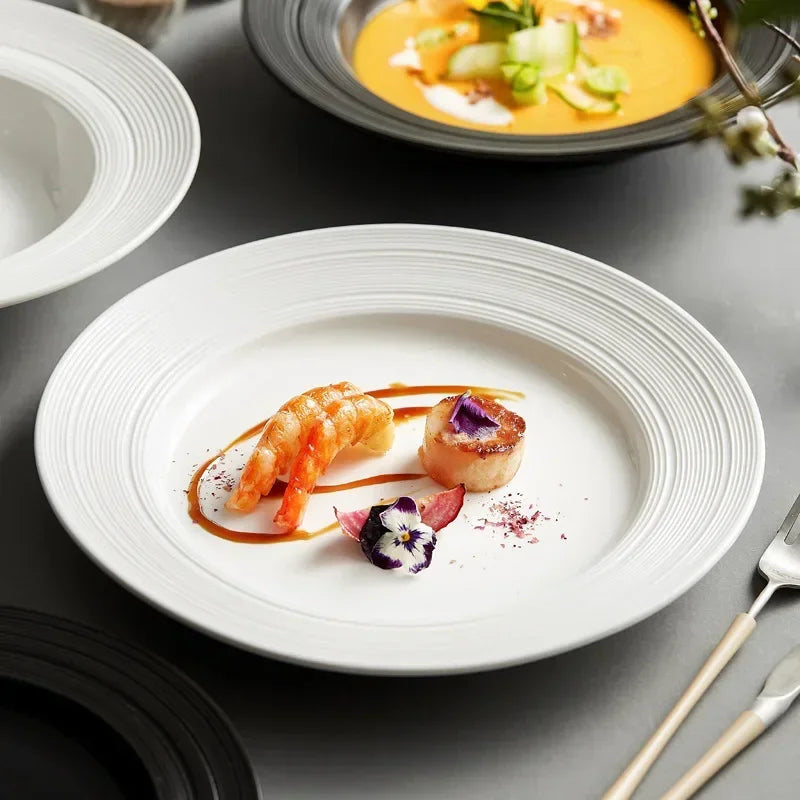 🌿 Straw Hat-Inspired Ceramic Soup Plate – Elegant White Plate for Modern Dining