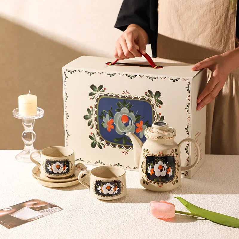 3PCS Tea Kettle & Coffee Cup Set – Delicate Ceramic Tea Set with Gift Box for Birthdays & Housewarming